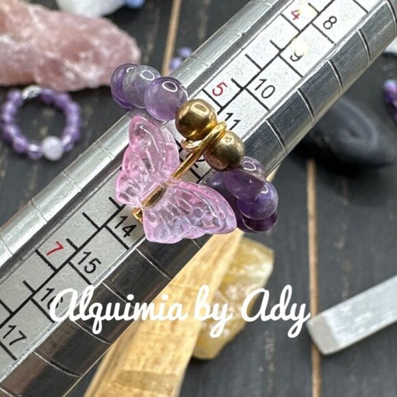 Luxury amethyst and pink quartz butterfly charm ring - Picture 1 of 2
